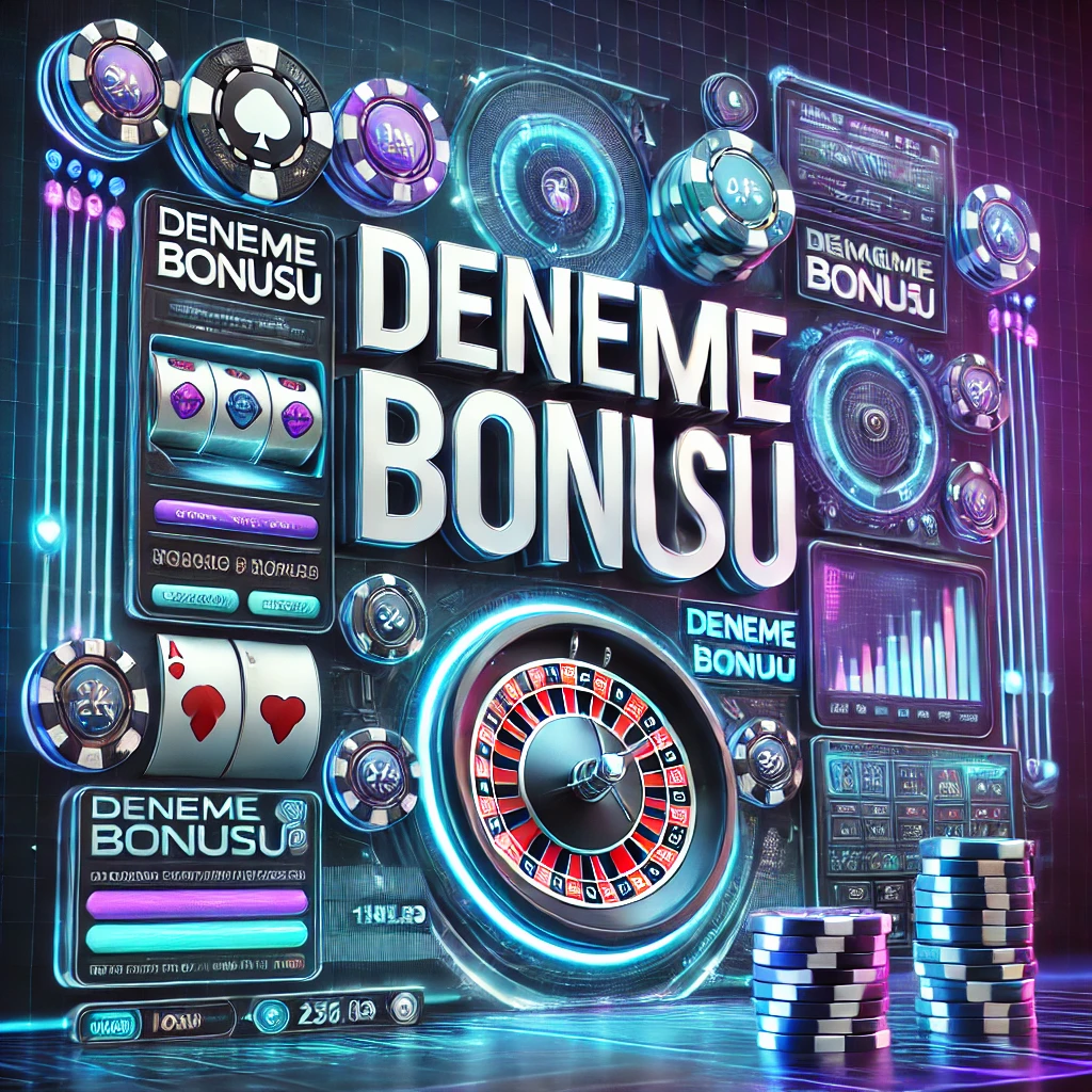 Deneme Bonusu" yazılı, neon mavi ve mor tonlarında bir online casino arayüzü, dijital poker fişleri ve hareketli slot makinesi görüntüsü.