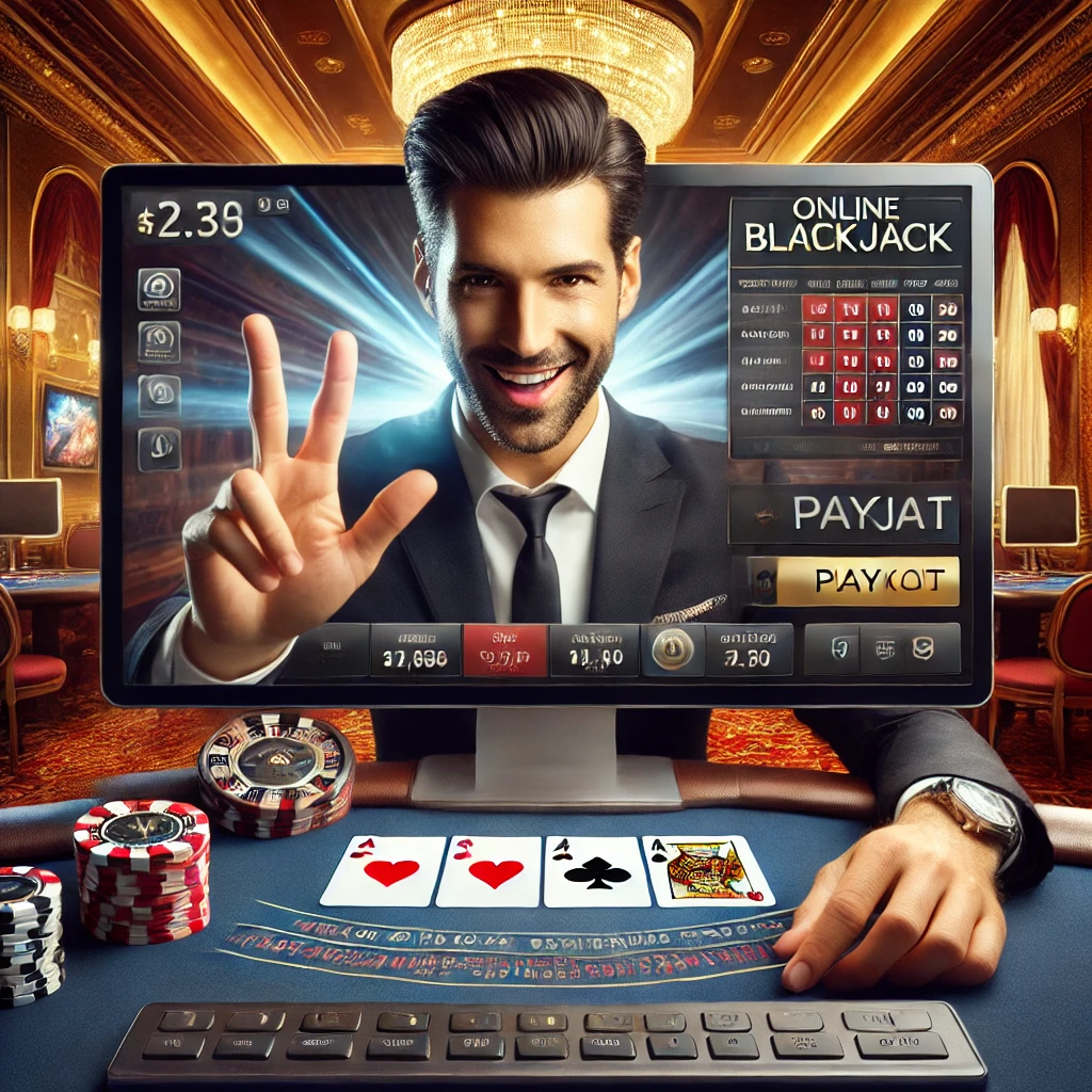 Büyük bir ödeme kazanan online blackjack oyuncusu, ekranında blackjack eli (as ve vale) ve şık bir casino ortamı.