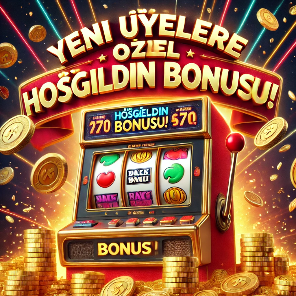 Dönen slot makinesi ve altın yağmuru ile Hoşgeldin Bonusu reklamı