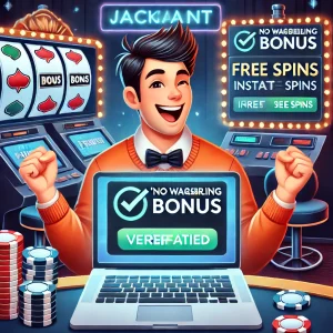 Laptop ekranında çevrimsiz deneme bonusu kazandığını gören mutlu casino oyuncusu