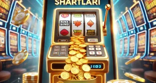Altın bir slot makinesinden dökülen paralar, arka planda parlak ışıklarla aydınlatılmış bir casino ortamı ve "Deneme Bonusu Şartları" yazısı bulunan dijital reklam görseli.