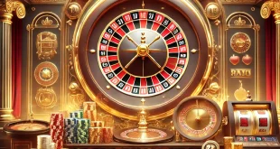 Tarafbet’in lüks casino arayüzü, rulet çarkı, slot makineleri ve altın paralarla